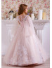 Flutter Sleeves White Lace Light Pink Tulle Flower Girl Dress
